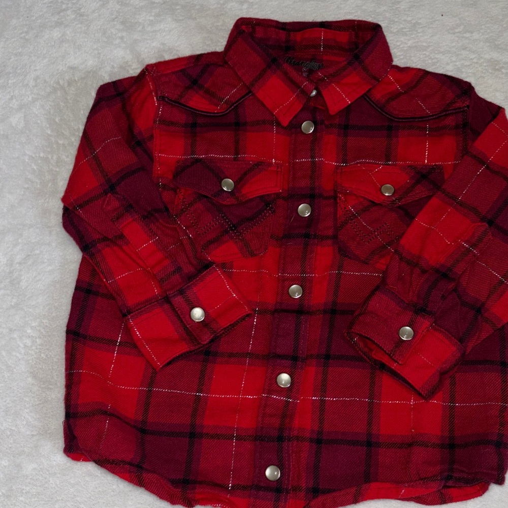 Wrangler Kids Red Plaid Button-Up Shirt Jacket - Classic Flannel Style - Picture 3 of 7
